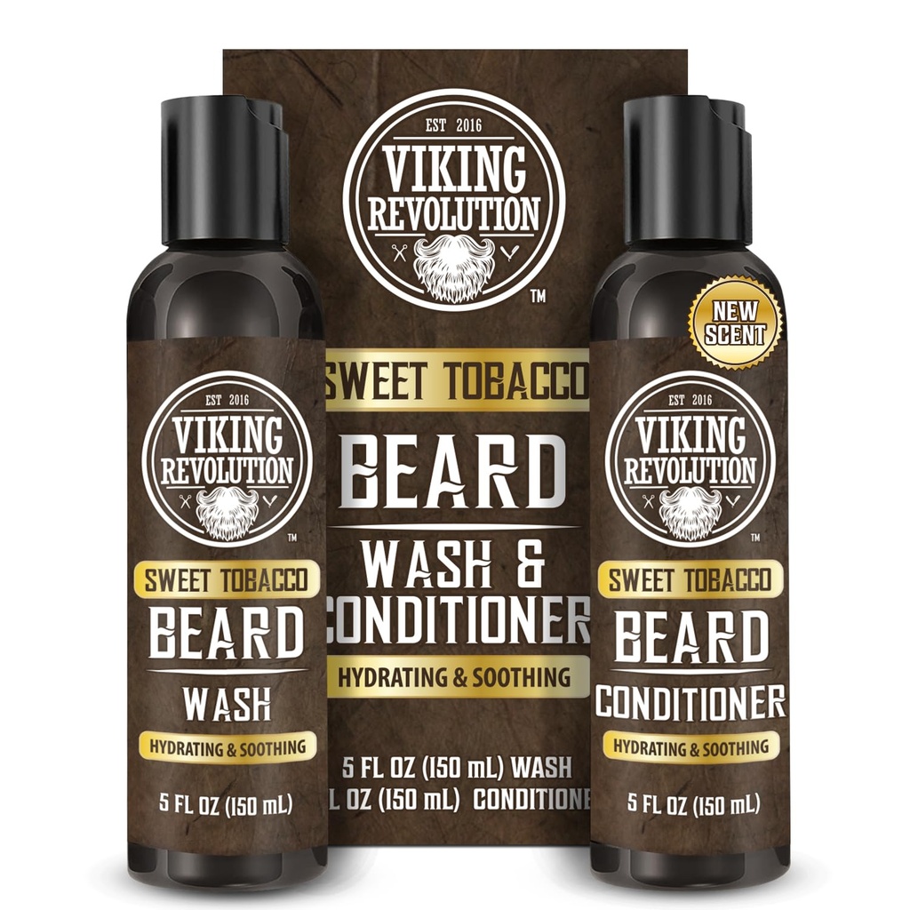 Viking Revolution Parta Pesu- ja partahoitoaine miehille Argan Oil ja Jojoba Oil - Parta Pehmentäjä ja vahvistaa Parta hoito Parta Shampoo ja hoitoaine partaöljy (5oz, makea tupakka)