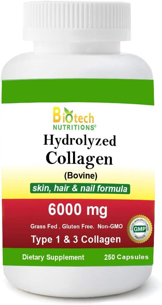 Hydrolysoitu kollageeni Naudan tyyppi 1 & 3 6000 mg Tarjoilu 250 tablettia Ruoho Soseutettu gluteeniton