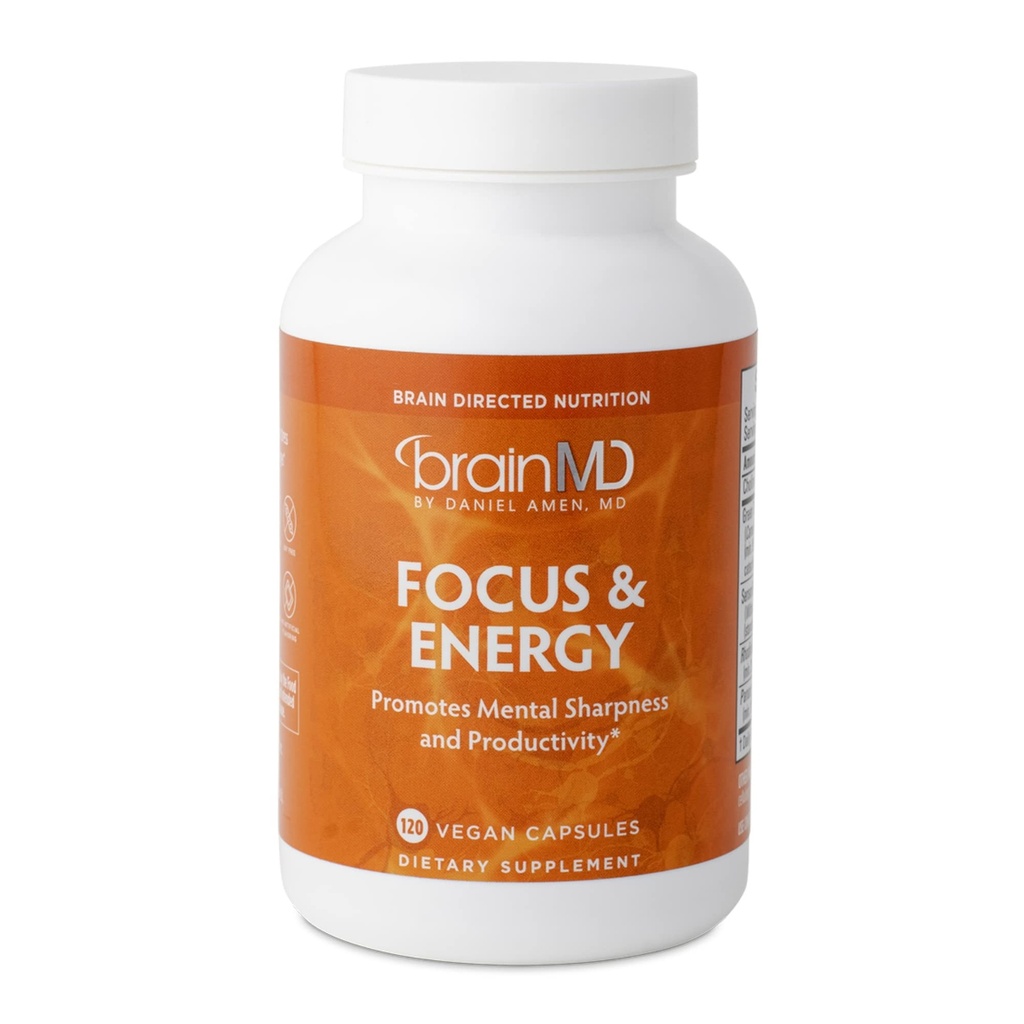 Dr Amen BrainMD Focus & Energy - 120 kapslar - Mental Endurance Booster, främjar koncentration och uppmärksamhet - Koffeinfri, glutenfri - 30 portioner