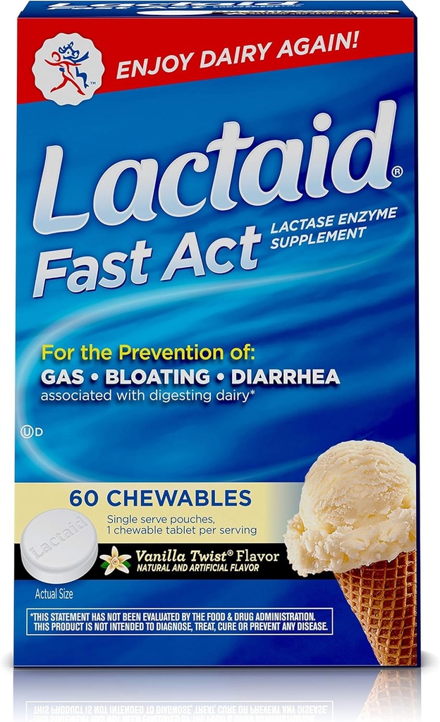 Lactaid Fast Act Lactose Intolerance Chewables med Lactase Enzymes, Vanilla Twist, 60 Pks av 1-ct.
