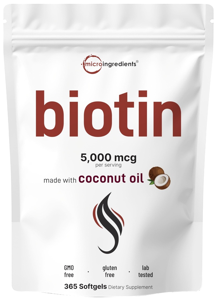 Micro Ingredients Biotin 5,000mcg | 365 Virgin Coconut Oil Softgels, Fast Release, One Year Supply | Stöder Hälsosamt hår, hud och naglar | Non-GMO, No Gluten