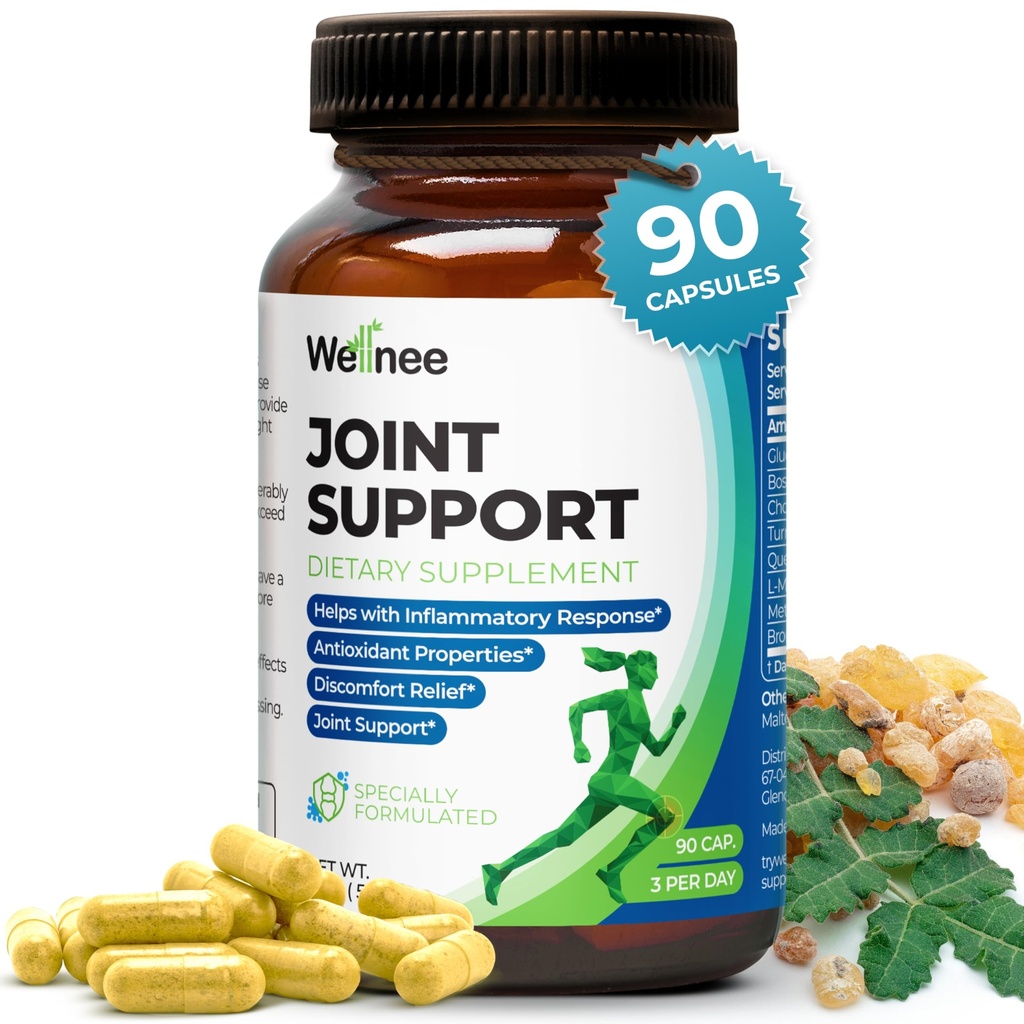Wellnee Joint Support Supplement - Glukosamiini Chondroitin MSM, Boswellia & Turmeric - Relieves Joint Discomfort & Tukee joustavuutta - Wellknee Joint Support - 90 kapselia, 30 palvelinta