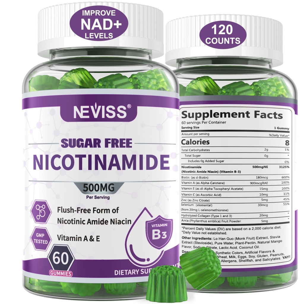Sokeriton Nikotinamidi 500 mg Gummies, (Flush Free Niacin) B3-vitamiini Niasiiniamidi Supplement for Cellular Energy Metabolia & Republic, Vitality, Terve ikääntyminen, Karpalomaku, Helppo pureskella, 120 Cts