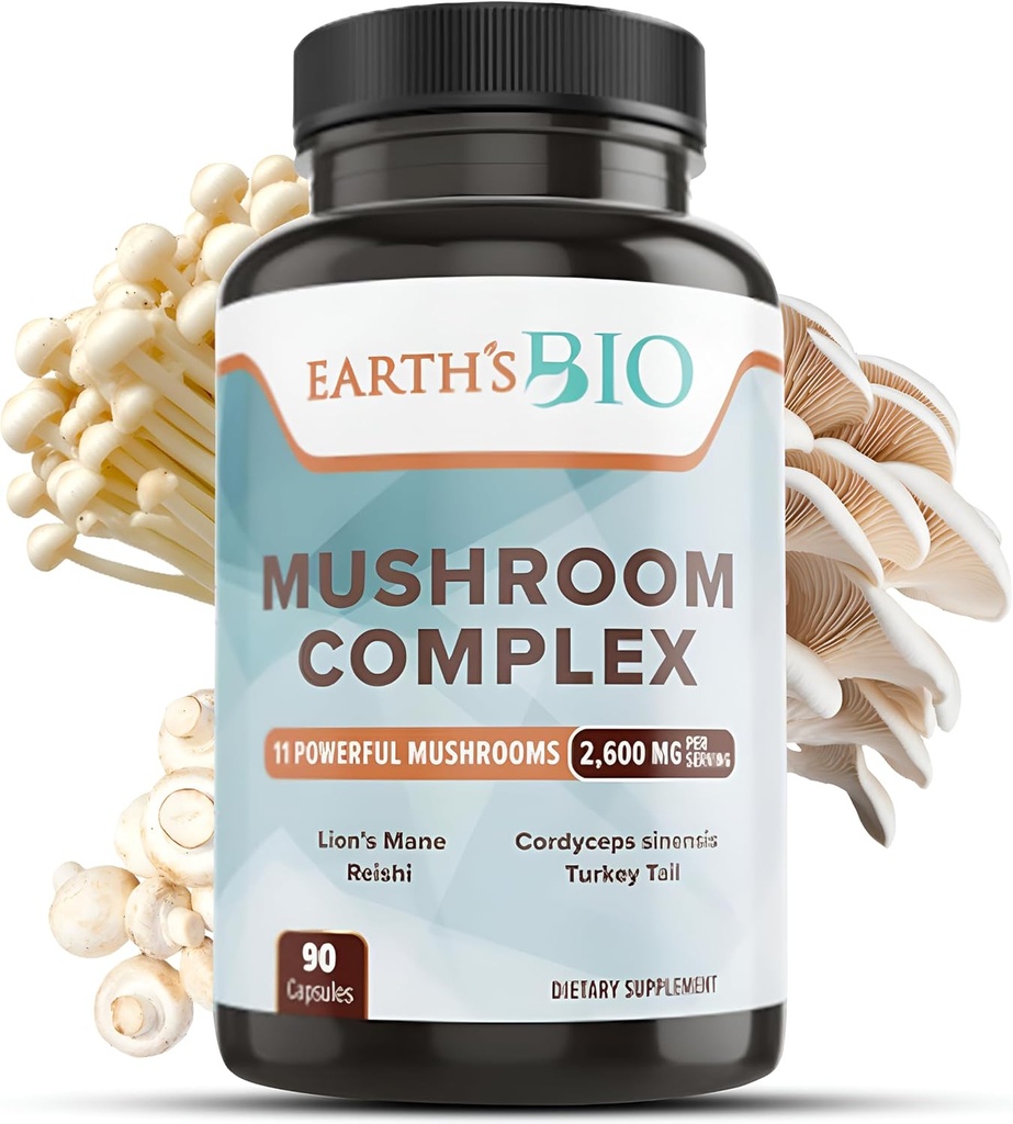 Jordens Bio Mushroom Supplement Komplex 2 600 mg per Servering, 90 Caps, med Organic Lion's Mane Mushroom, Turkiet Tail, Enoki Agaricus, White Button & Oyster Mushroom - Memory & Immune Support