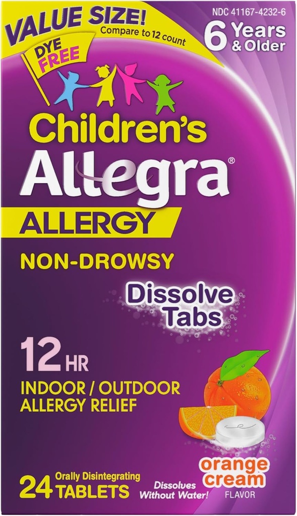 Allegra Children's 12-hour Allergia Relief Oraalisesti liukenevat tabletit, ei-huokoinen sisä- ja ulkoilma-allergialääke, 30 mg Fexofenadiini HCI Antihistamiini lapsille, Orange Cream Flavor, 24- count