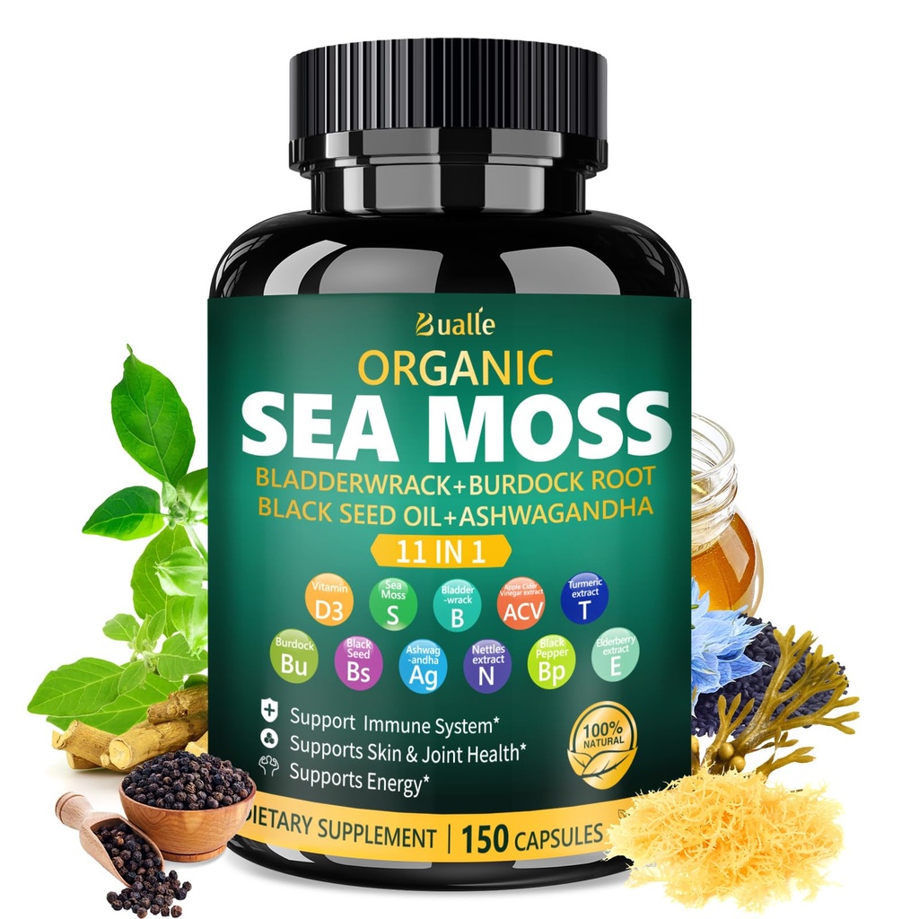 Bualle Irish Sea Moss Capsules ... Organic Sea Moss, Black Seed Oil, Ashwagandha Lisäravinteet ranneke, inkivääri & Burdock juuri ... tukee päivittäistä hyvinvointia, iho & energia 150 kapselia (1 pakkaus)
