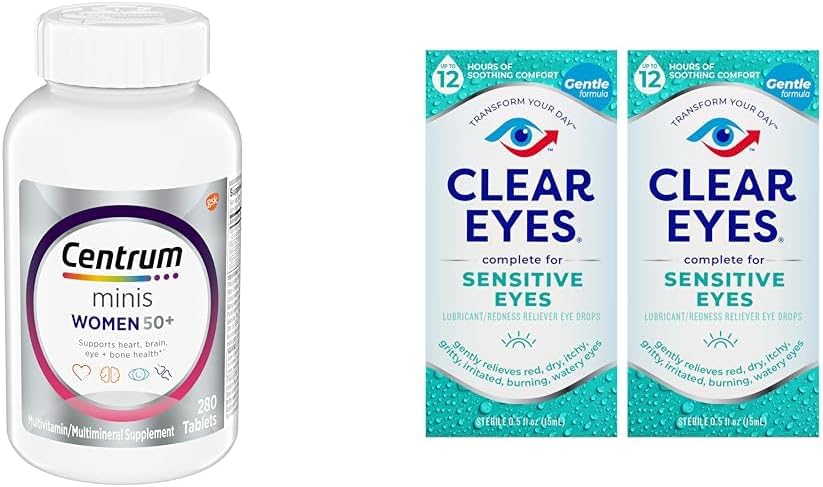 Centrum Minis Silver Kvinnors Multivitamin för kvinnor 50 Plus, Multimineral Supplement med vitamin D3, B Vitaminer, icke-GMO Ingredienser, stöder minne och kognition i äldre vuxna - 280 Ct & Clear Eyes, Känsliga ögon, ögondroppar, 0,5 Oz, 2 Pack