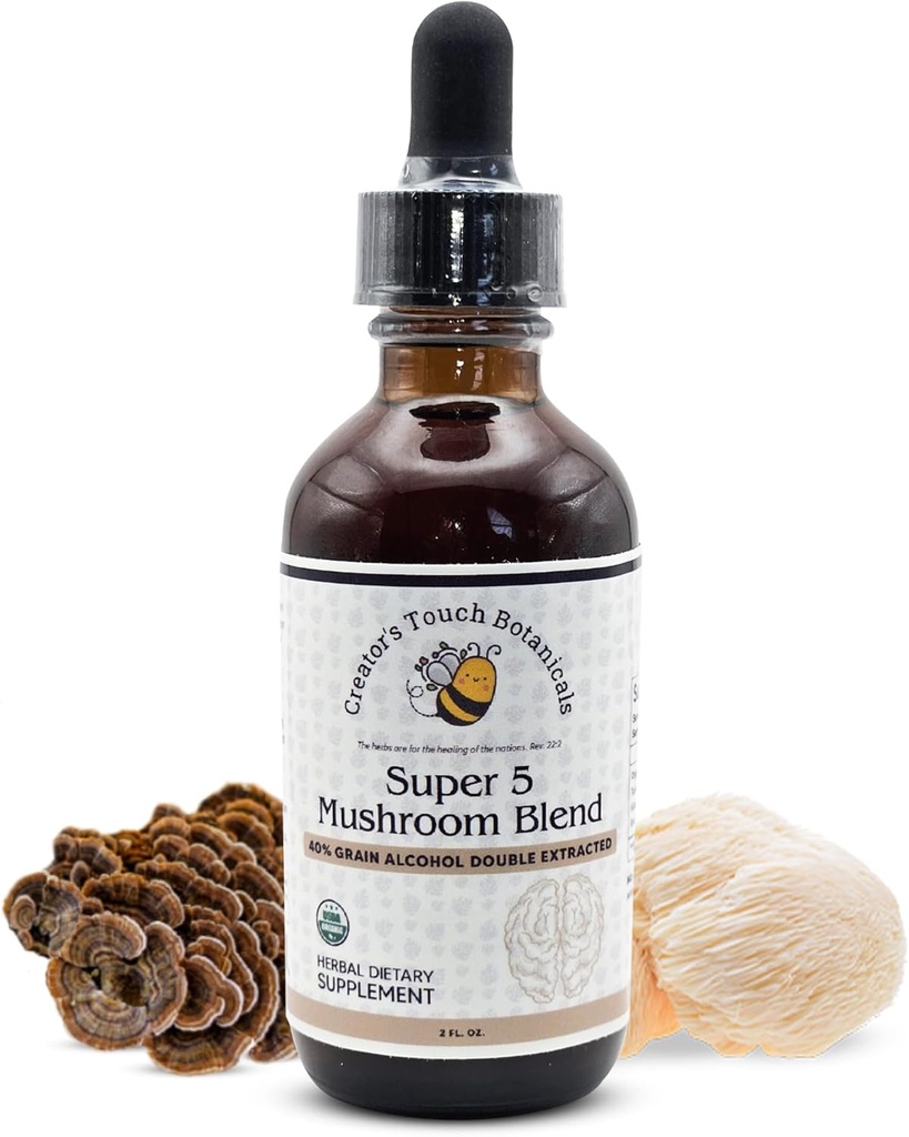 Skaparens Touch Botanicals, Super 5, Mushroom, Blend 2 fl oz med Reishi, Turkiet Tail, Lions Mane, Chaga och Maitake Mushrooms för Immune Support. Dubbel extraherad, Macerated.