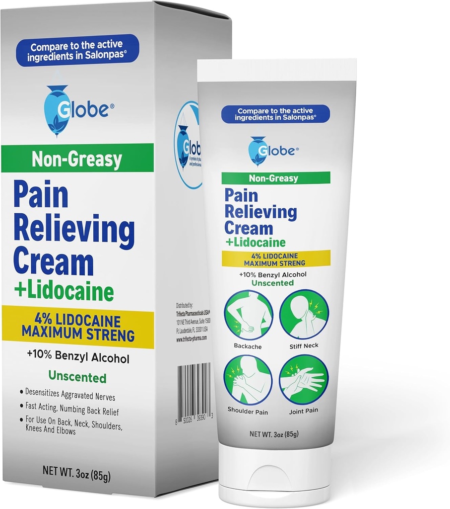 Globe Smärta Relieving Cream Plus 4% Lidocaine, Maximal Strength Numbing Relief, Fast Acting Topical Therapy for Muscle Aches, Joint Pain, Backache, Neck Pain, Soreness, Sprains & Spasms, Unscented, 3oz
