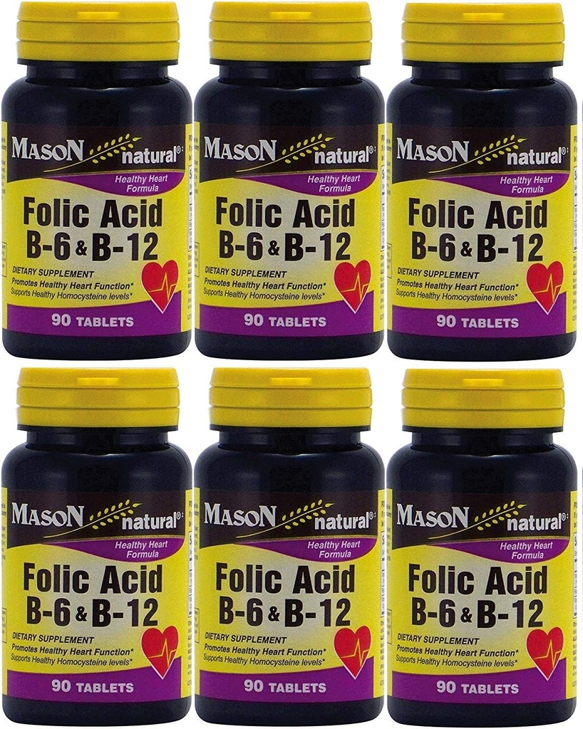 Mason- vitamiinit Foolihappo B-6 & B12 Heart Health Formula 90 tablettia per pullo 6 yhteensä 540 tablettia