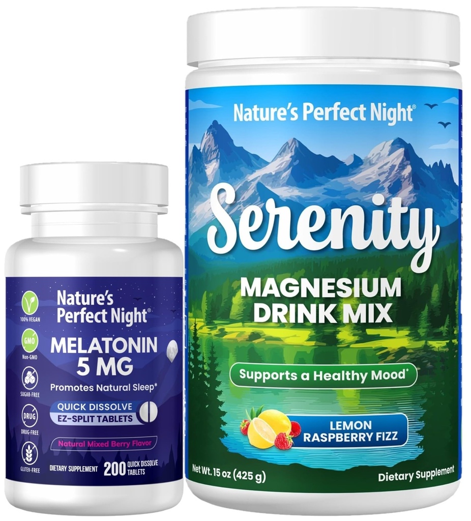 Nature's Perfect Night Melatonin 5mg Quick liuottaa sekoitettua Berry 200 Count with Serenity Magnesium Powder 15 oz Sitruunavadelma
