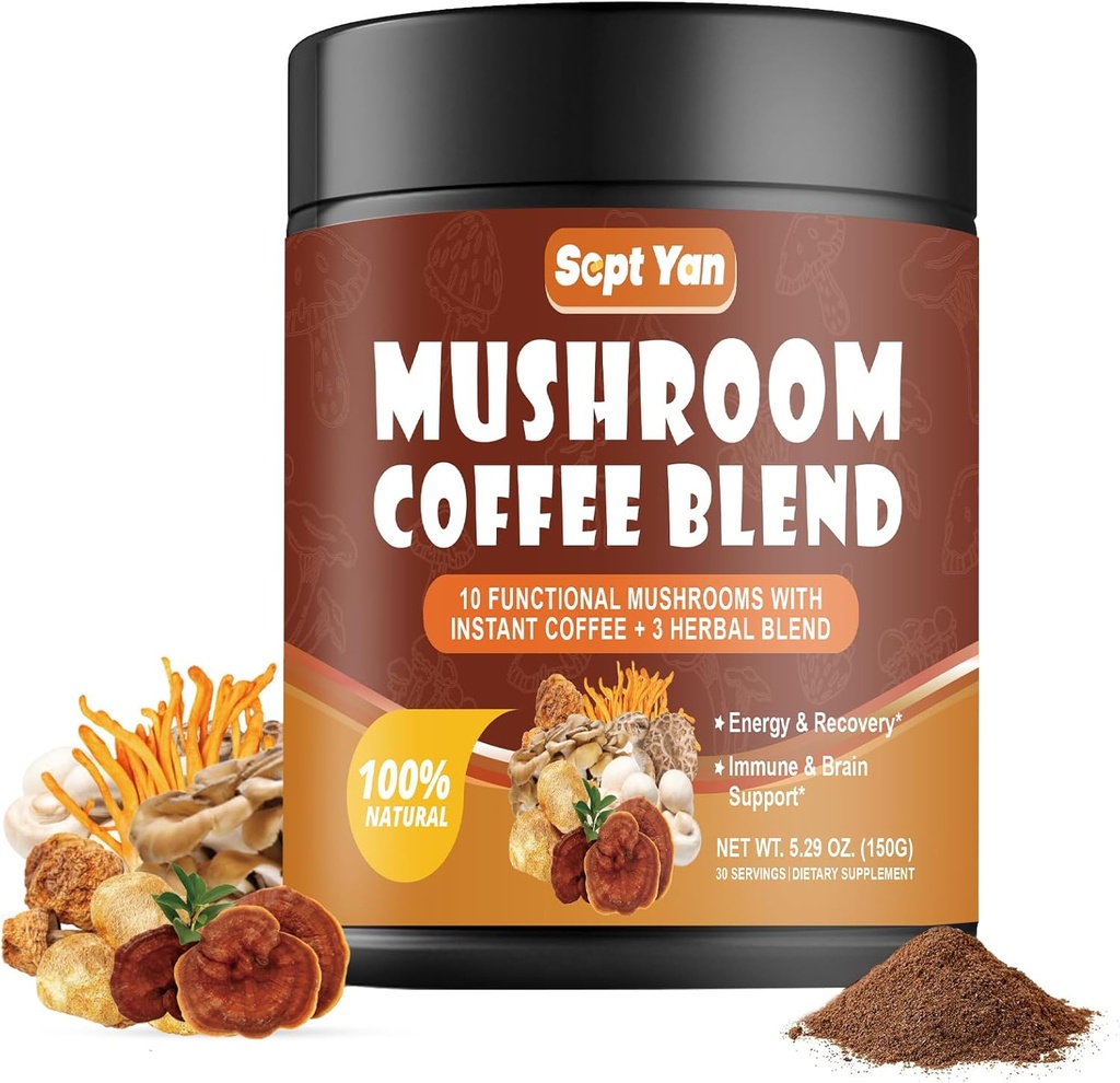 Sieni Kahvia 10 sieniä, Kolumbia Instant Coffee Powder kanssa Leijonan Mane, Reishi, Chaga, Cordyceps, Shiitake, Maitake,Turkki Tail - Sienten täydentää energia, Focus, Immuuni tuki