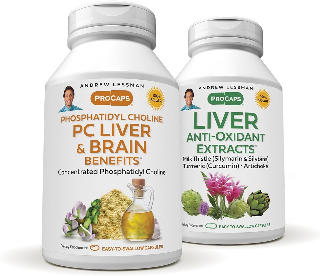 ANDREW LESSMAN PC Liver and Brain Benefits + Liver Anti-Oxidant Extracts Kit: 300 Capsules (180 + 120) - Phosphatidyl Choline, Milk Thistle, Artichoke, Curcumin.