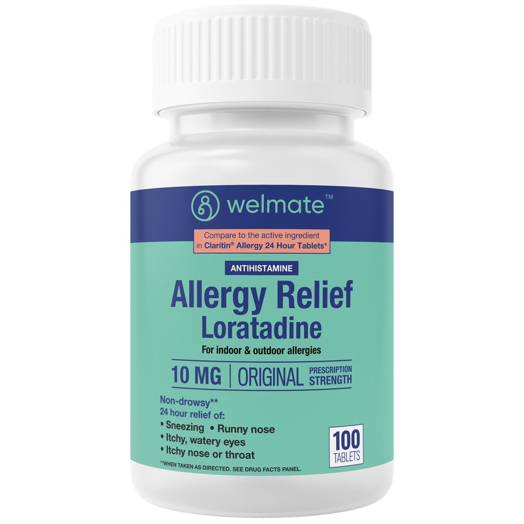 WELMATE - Allergy Relief - Loratadine 10 mg - 24 timmars Relief Antihistamin - Non Drowsy - Runny Nose - Sneezing - Itchy Nose & Throat - Watery Eyes - Indoor & Outdoor Allergy Medication - 100 Count