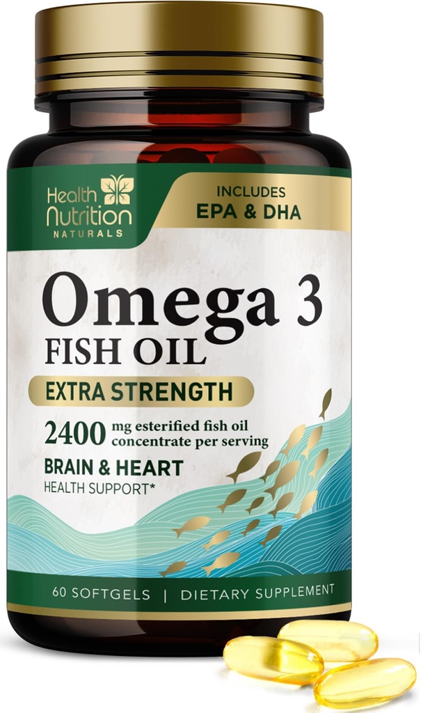 Omega 3 Fish Oil 2400 mg - Triple Strength Omega-3 Lisäravinteet - Natural Brain Heart Health & Immuuni Tuki - Rasvahapot EPA & DHA - Wild Catch Puhdistettu kalaöljy täydentää - 60 Softgels