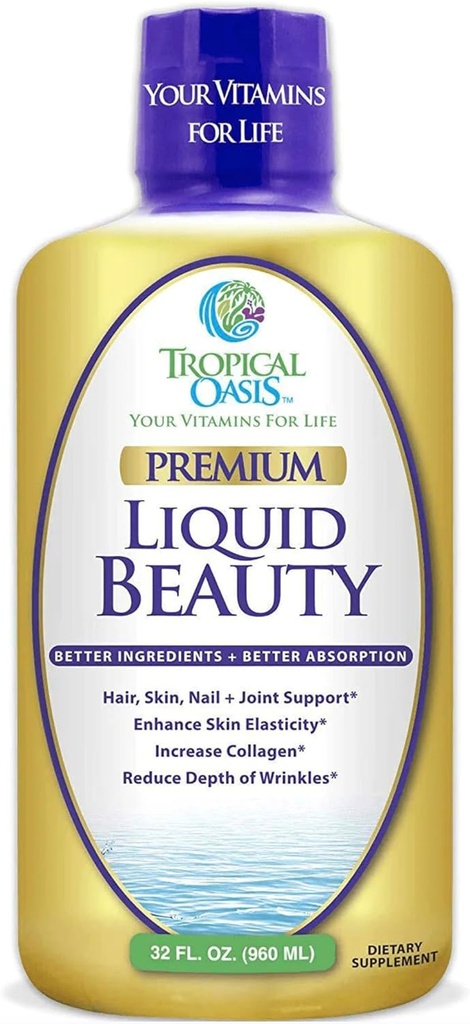 Tropisk Oasis - Liquid Beauty | Tillskott för hår, hud och nageltillväxt - Biotin + Hydrolyzed Collagen (32 portioner)