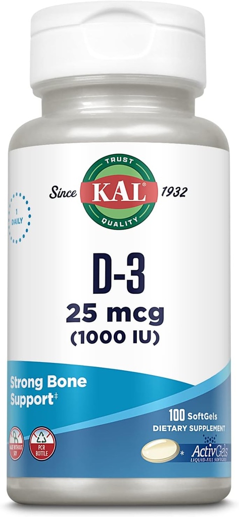 KAL-vitamiini D3 1000 IU Softgels (25 mikrog), D-vitamiinin aktiivinen muoto, kalsiumiabsorptio, luun terveys, immuunitukilisä, nestemäinen täytetty ActivGel, Valmistettu ilman soijaa, 100 tarjoilua, 100 Softgels
