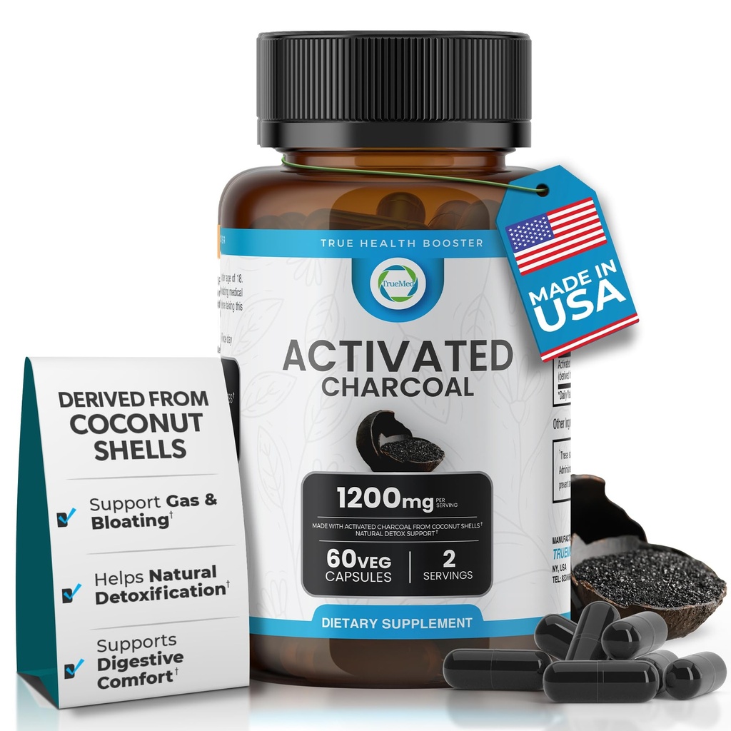 Aktiverade kolkapslar 1200 MG, 60 Veg Caps, 30-dagar Premium Detox & Digestive Support, Gas & Bloating Relief, Organic Coconut Shell Charcoal, Gut Health, USA Made.
