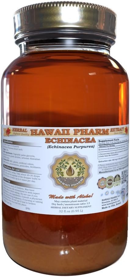 Hawaii Pharm Echinacea Liquid Extract, Organic Echinacea (Echinacea Purpurea) Tinktur Supplement 32 oz Unfiltered