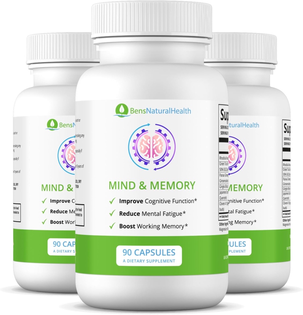 Ben's Natural Health Mind & Memory Supplement, Nootrophic Brain Support with Rhodiola, Green Tea, Cloves & Quercetin, 90 kapselia, 3 pakkaus