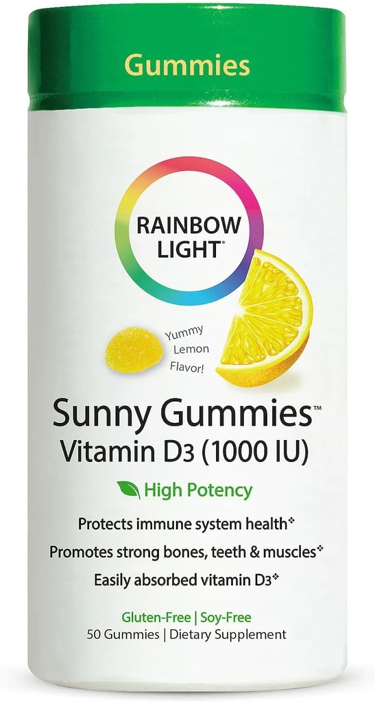 Rainbow Light - Sunny Gummies Vitamin D3 1000 IE, Support för friska ben, muskler och immunitet i en familjevänlig tuggbar med vitamin D3, Soy-Free, Gluten-Free, Sour Lemon, 50 Gummy Drops