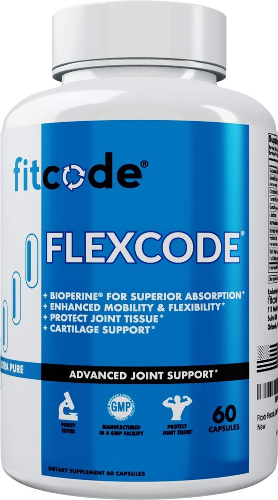 fitcode Flexcode Ultra Premium Joint Support, Glukosamiini, Turmeeric, MSM, kondroitiini, hyaluronihappo, gluteeniton, miehille ja naisille (30 tarjoilua)