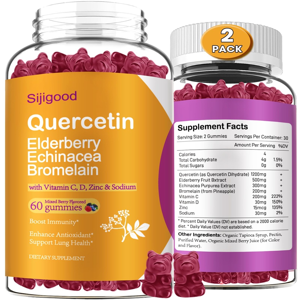 2 pakkausta kvarcetiinia, jossa on bromelain Gummies, Elderberry, Echinacea, C-vitamiini D-sinkki - immuunijärjestelmän tuki 120 Counts Pure Quercetin Lisäravinteet Gummies lapsille ja aikuisille