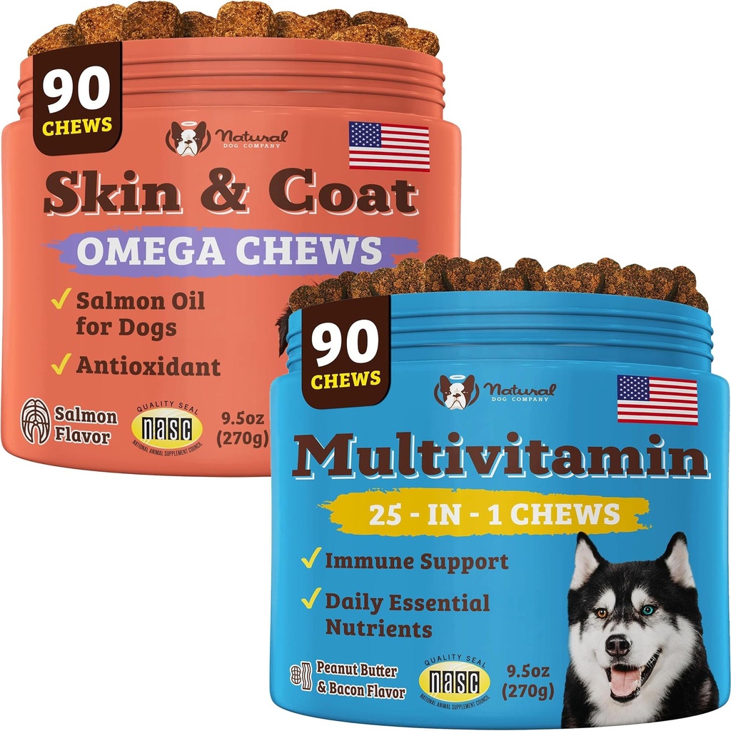 Natural Dog Company Multivitamiini Supplement Chews + ihon ja turkin täydentää purut koirille - Kattava ravitsemus hoito terveelle iholle, kiiltävä turkki, Joint Support, ja immuunijärjestelmän Boost