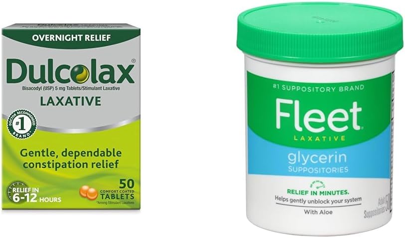 Dulcolax Yön yli - Relief Laxative for Gentle Ummetus Relief, Bisacodyl 5 mg Tablets, 50 Count & Fleet Laksative Glycerin Suppositories for Adult Ummetus, Adult Laksative Jar Aloe Vera, 50 Ct