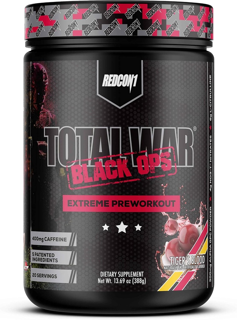 REDCON1 Total War Black Ops Extreme Preworkout Powder, Tigers Blood, High Stimulant, 400 mg koffein, NO3-T Nitrates + L-Citrulline, Öka blodflödet, muskelpumpar (20 portioner)