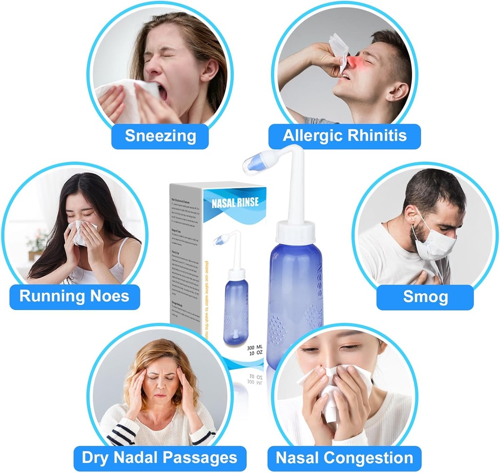300 ML Nasal Rinse Neti Pot Sinus Rinse Bottle Gentle Nasal Wash Bottle Nose Cleaner Bekväm för vuxna och barn effektiva tryck Irrigatio med 20 Nasal Wash Salt Packets BPA Free
