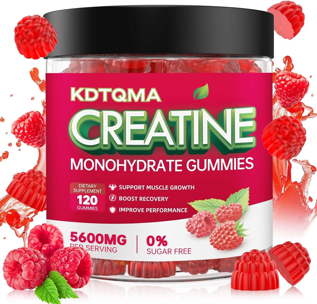 Creatiini Monohydraatti Gummies miesten & naisten 120 CT - 5600 mg Creatiini Monohydraattia per tarjoilu, purtava Creatiini Monohydraatti lihasten tuki & energia Boost, sokeriton, Vegaani (vadelma maku)