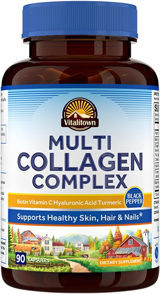 Vitalitown Multi Collagen Complex, tyyppi I, II, III Biotiini, C-vitamiini, Hyaluronihappo, Turmeeric, Black Pepper iholle, hiukset, kynnet, 90 kapselia, ei-GMO