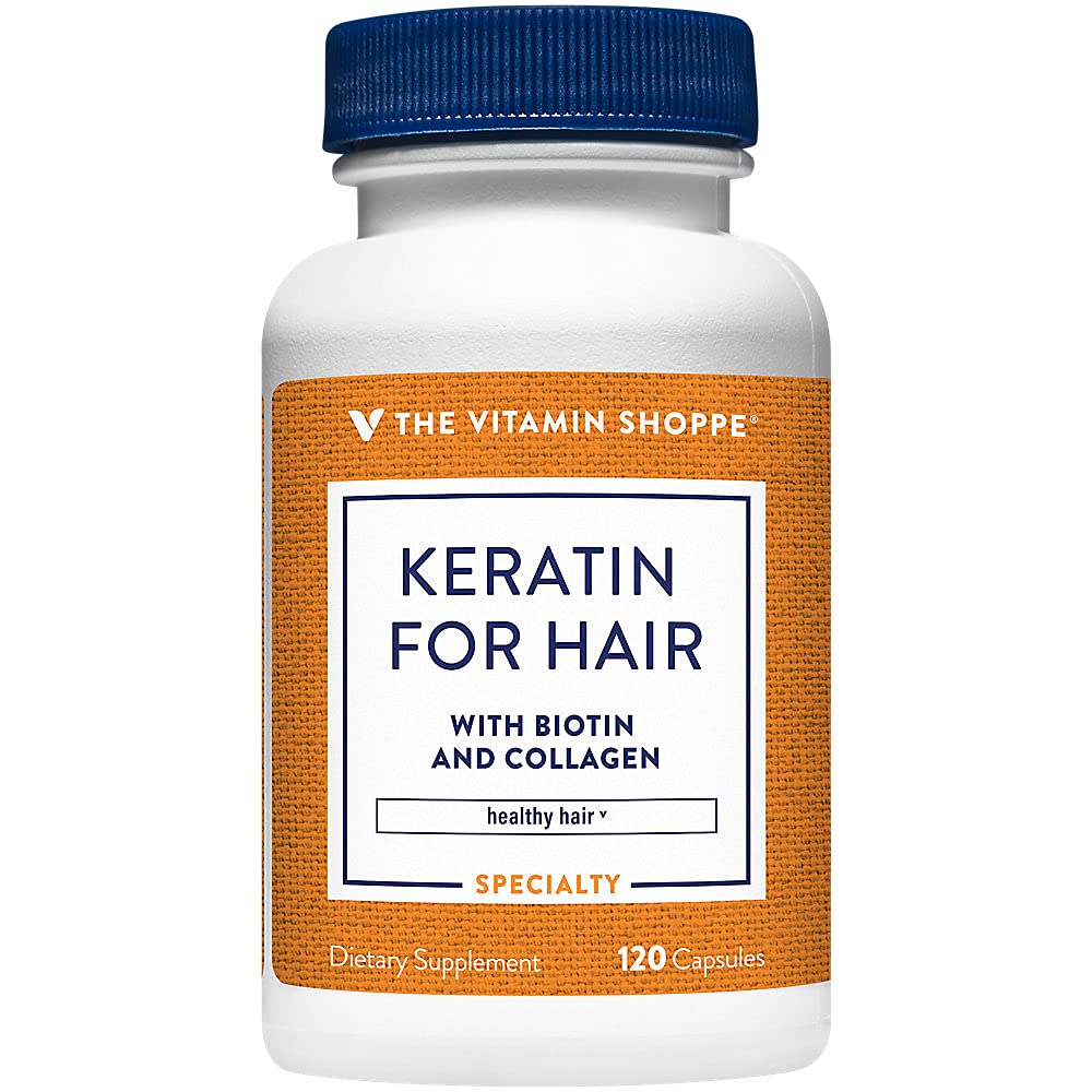 Vitamin Shoppe Keratin för hår med Biotin & Collagen, stöder starkt, hälsosamt hår, hårluster (120 kapslar)
