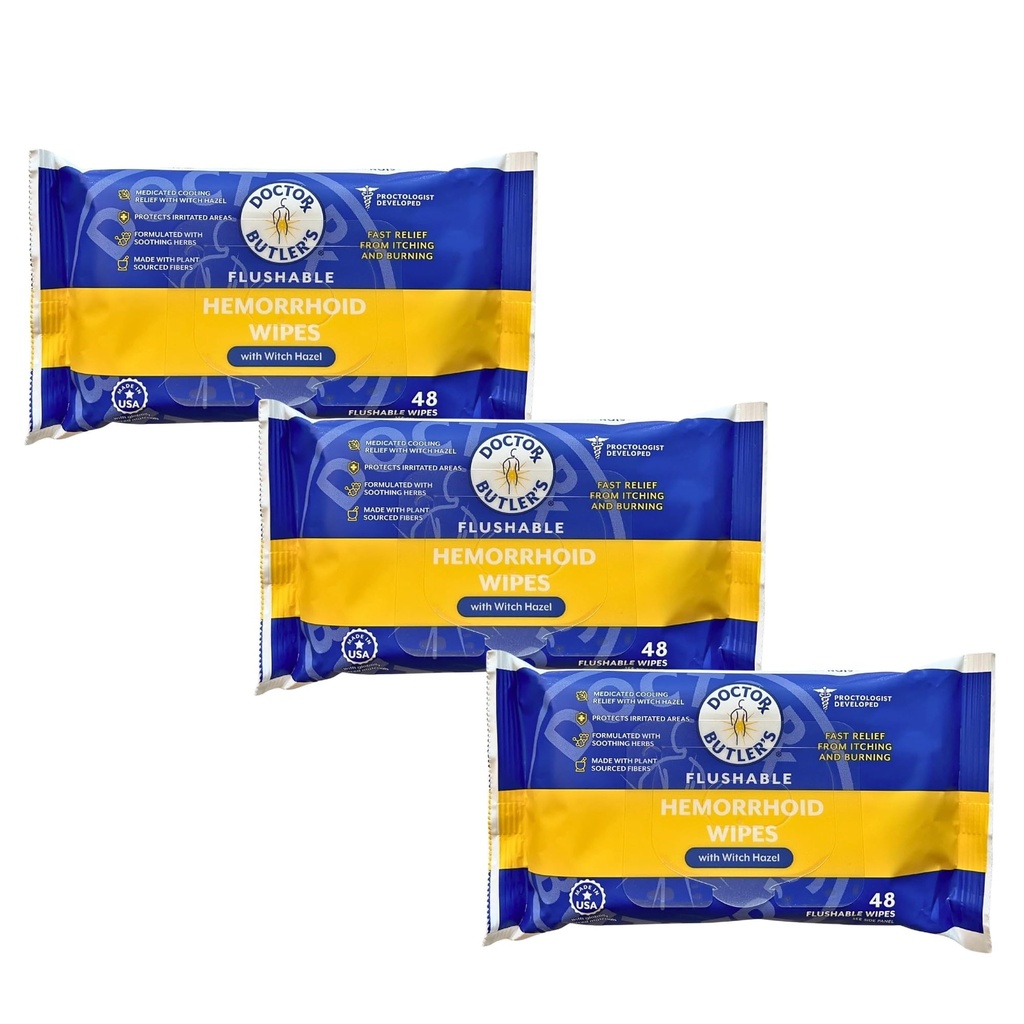Tohtori Butler n Flushable Peräpukamat pyyhkeet ... Flushable Wipes with Witch Hazel to Soothe and Bring Relief from Discomfort Liittyy peräpukamat (3 Pack - 48 Count)