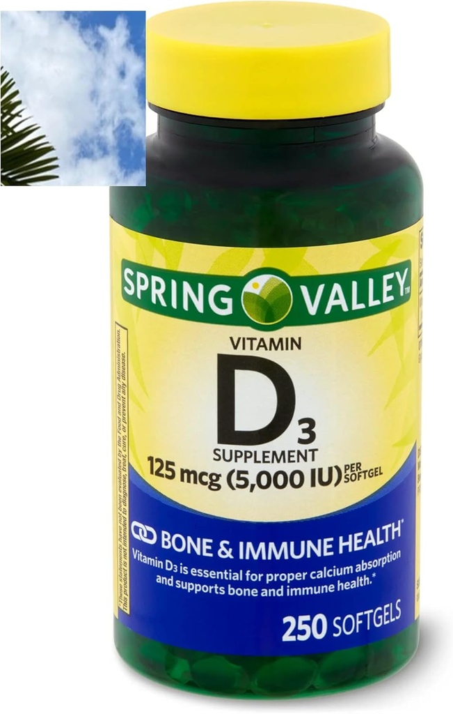 Spring Valley D3-vitamiini Softgels, 125 mikrog per Softgel, 5 000 IU, 250 kreivi