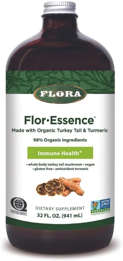 Flora Health Flor-Essence with Turkey Tail & Turmeric, Rich in Polysakkaridit, 35+ Fenoliyhdisteitä antioksidantteja ja immuniteetin tuki, 32-fl. oz. Lasipullo