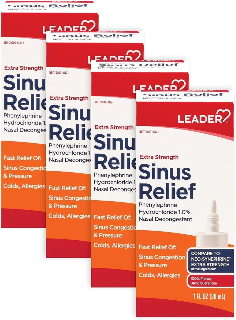 Leader Extra Strength Sinus Relief, nopeatoiminen, Sinus Decongesstant, Nenän tukkoisuus Spray, kylmä & allergia 30 ml pullo (pakkaus 4)
