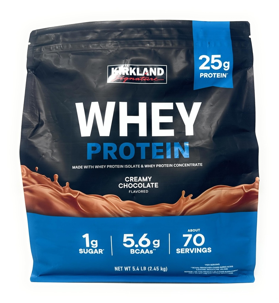 Kirkland Allekirjoitus Whey 25g proteiinia,1g sokeria,5.6g BCAAs,noin 70 tarjoilua kermainen suklaa maustettu