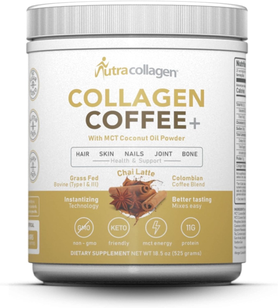 NUTRACOLLAGEN Protein Powder yhdistettynä Premium Columbian Coffee; Grass-Fed, Non GMO, 12g Peptides, MCT Coconut Oil Powder, Soy Free, Gluteeniton, Sokeriton, 40 mg Caff/Srving; Chai Latte 25 Srvg