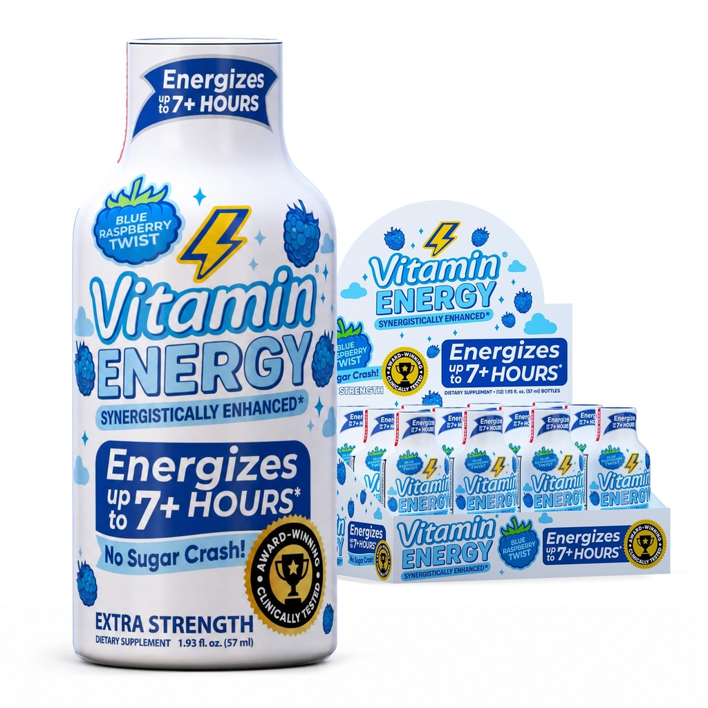 Vitamiini Energia Immuuni+ Extra Strength Energy Shot Blue Raspberry 12 pakkaus, 260 mg luonnollinen kofeiini, B-vitamiinit, siticoliini, vihreä tee, immuniteetti & Focus tuki, nollasokeri, Gluteeniton 1,93 fl oz