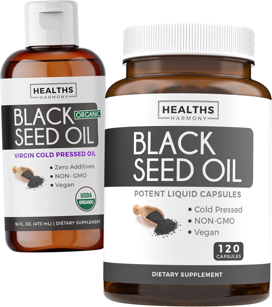 Black Seed Oil Liquid & Soft-Gels (2-Kuukausi tarjonta) Musta siemenöljy Liquid & Kapseli Combo (16fl.oz & 120 Soft-Gel Kapselit) 100% Premium Kylmäpainettu Nigella Sativa Musta Cumin Seed Oil (ei-GMO)