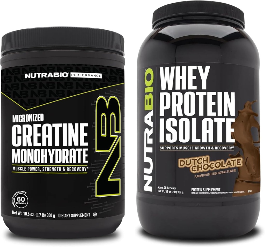 NutraBio Creatine Monohydrate, Unflavored, 300g och Whey Protein Isolate, nederländsk Chocolate, Supplement Bundle - Muscle Energy, Lean Muscle Growth, Recovery och Strength