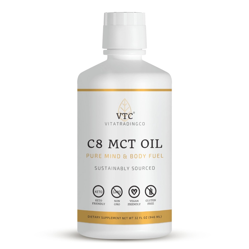 VTC VitaTradingCo. 100% Pure C8 MCT Oil . 3X Tislattu Kaprylic Acid . Terveellinen rasva puhdasta energiaa.
