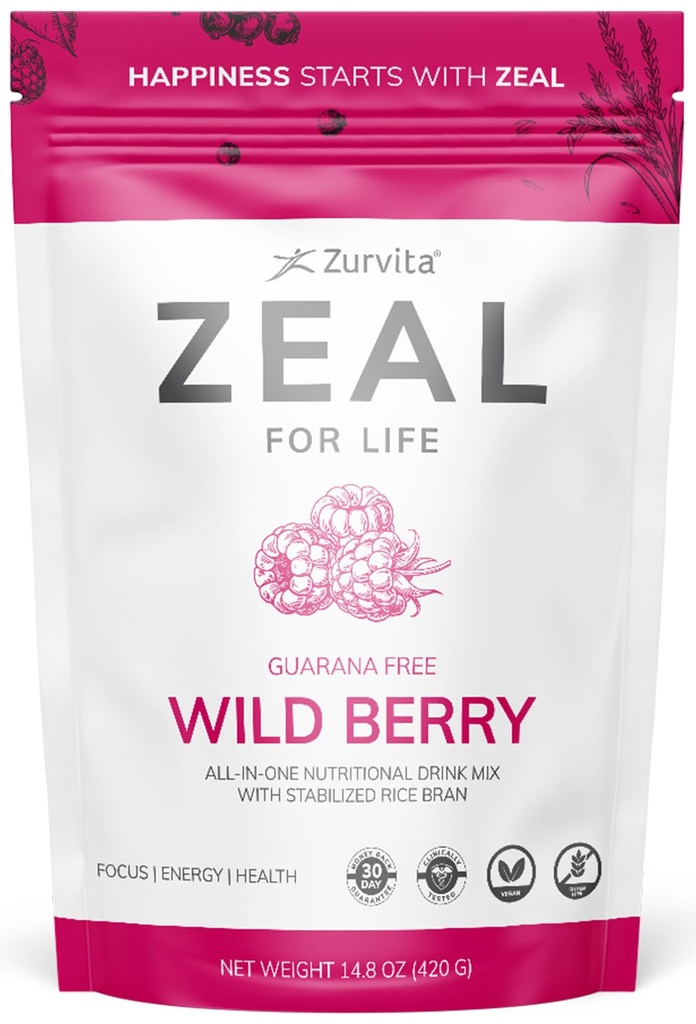 Zurvita - Zeal for Life 30-Day Wellness Bag - Wild Berry (Guarana Free) - Nutritional Supplement för Vitalitet, immunitet och Wellness - 420 Grams