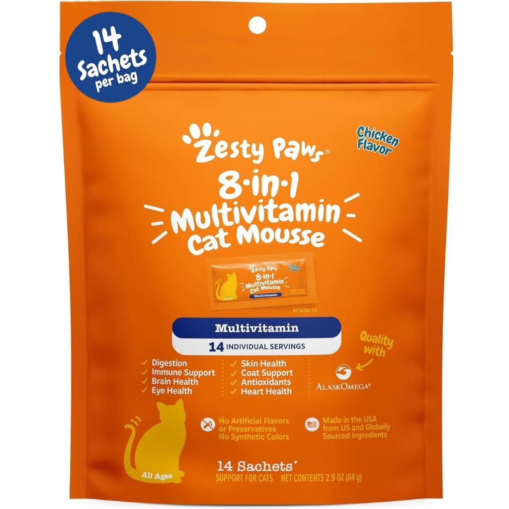 Zesty Tassut 8-in-1 Multivitamiini Cat Vitamiinit & Lisäravinteet Mousse - Kissa Vitamiinit sisäkissat - Terve hoito Puristaa ylös Gut, Immuuni, Sydän, Iho & turkki Tuki - Kana 14ct