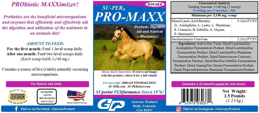 Su-PER Pro-Maxx Probiootit hevosille - Hevosen digestiivinen apu ja ravinne Maximizer - Ylläpito Gut Health ja mikrobitasapaino - 2,5 punta, (2 pakkaus)