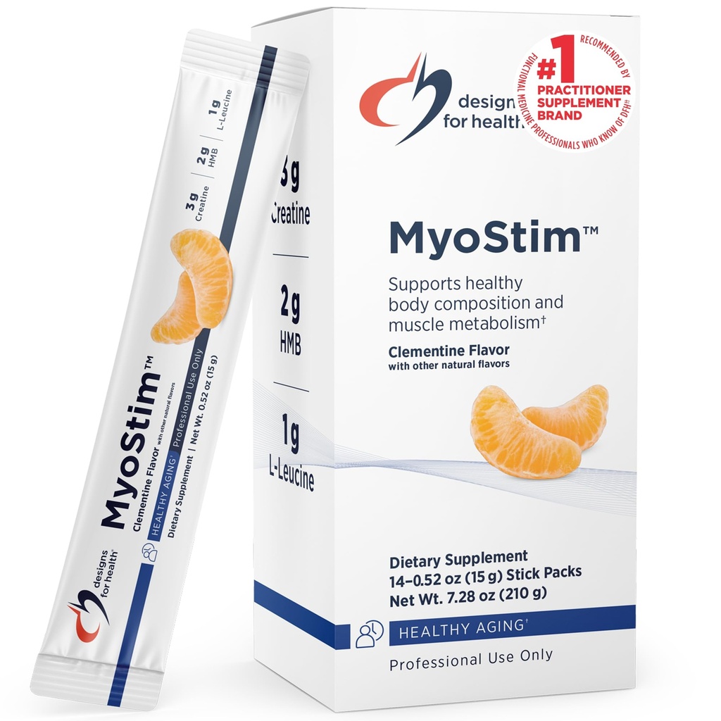 Designs for Health MyoStim - HMB + Collagen Peptides Powder L-leusine + Creatiini tukemaan terve ikääntyminen - voi auttaa lieventämään ikääntyminen lihasten menetys - Clementine-Flavored Drink (14 Stick Packs)