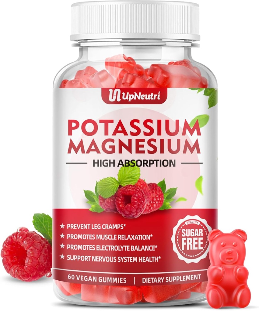 Kalium Magnesium täydentää Gummies aikuisille Lapset, sokeriton kaliumsitraatti Gummies tukee jalkakramppeja ja lihasten terveys, vegaaninen magnesium Glycinate Gummies vadelma maku 60 Ct