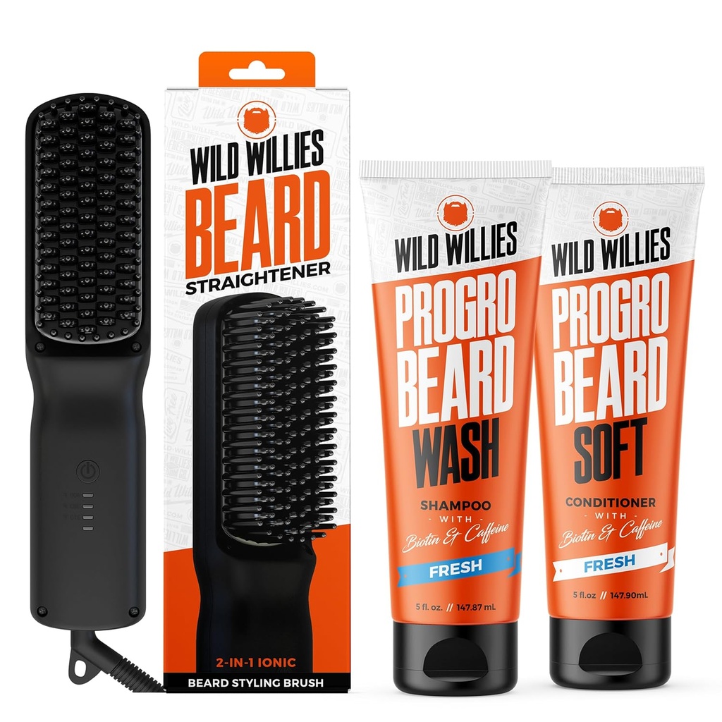 Wild Willies Parta Brooming Kit - Parta suoristaa miehille, PROGRO - varustettu Biotin & kofeiini hiusten kasvua, pesu, nesteytys - Ionic 2-in-1 Lämmitetty Comb Brush, valmistettu USA